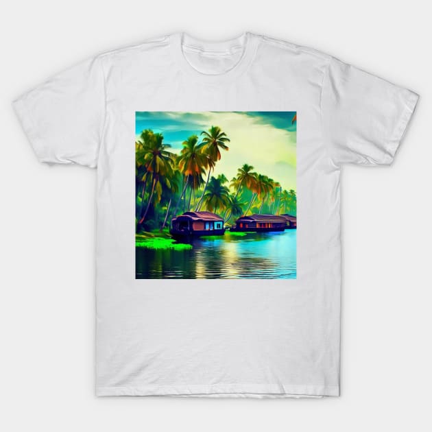 Elegant Kerala natural landscape of coconut trees sunset sky river and houseboat T-Shirt by Mandalasia